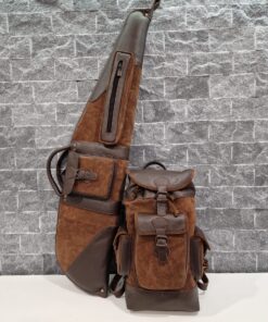 Russet brown leather rifle case with hunting backpack