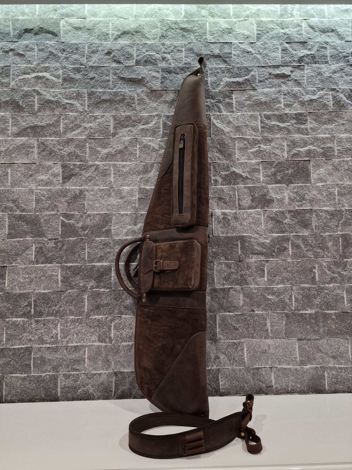 Outland Brown leather rifle case for scoped rifles with storage pockets